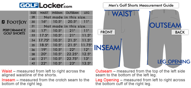 FootJoy Performance Golf Shorts Size Chart