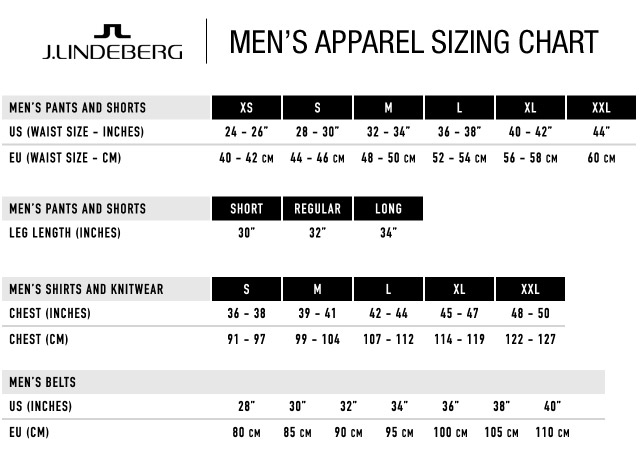 J.Lindeberg Men's Golf Apparel Size Chart