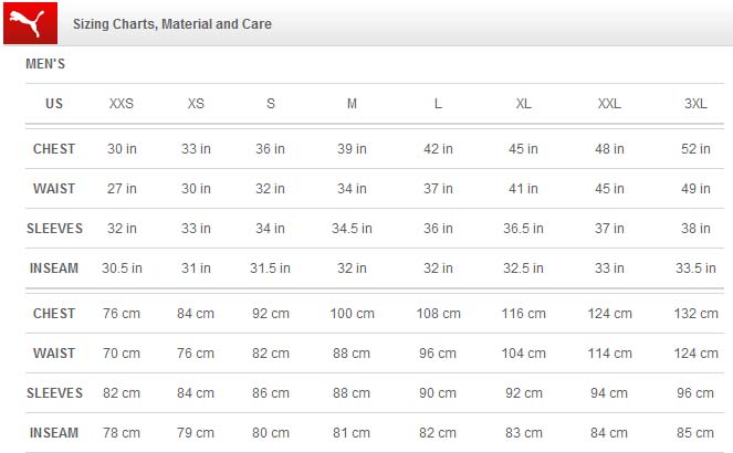 Puma Clothing Size Chart Uk