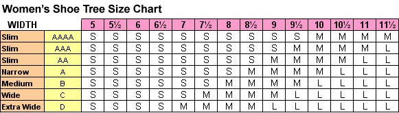 Women's Shoe Tree Size Chart