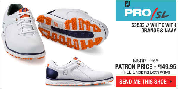 Click here and we'll ship you the new White, Navy and Orange Pro SL Spiekless Golf Shoes - style 53533