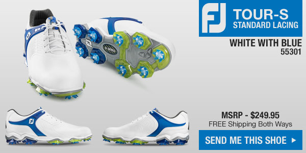 Click here and we'll ship you the new FJ Tour-S Golf Shoes in White with Blue - style 55301