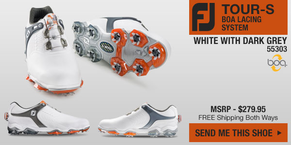 Click here and we'll ship you the new FJ Tour-S Golf Shoes with BOA Lacing in White with Dark Grey - style 55303