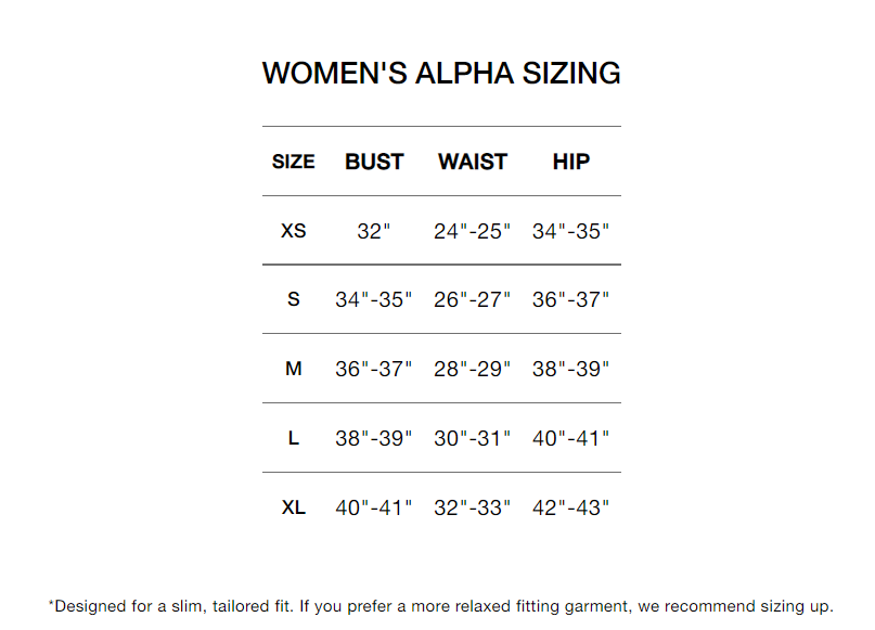 G/FORE Women's Apparel Sizing Chart