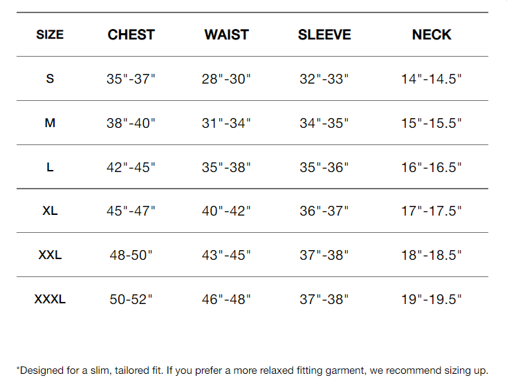 G/FORE Men's Outerwear Size Chart