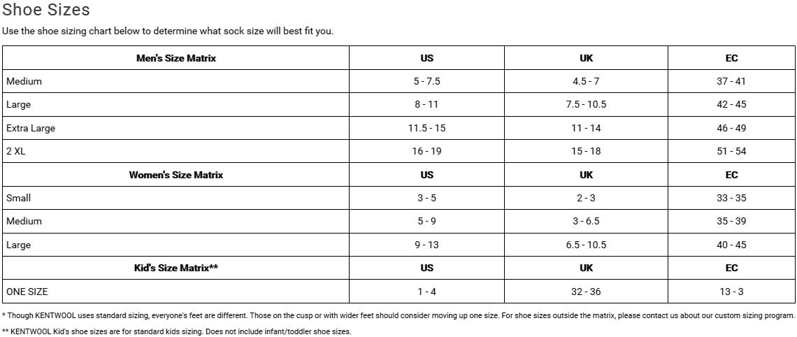 Kentwool Socks Size Chart