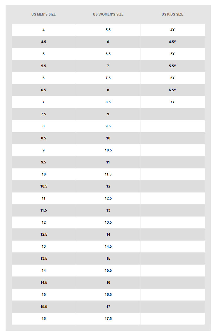 nike feet size chart