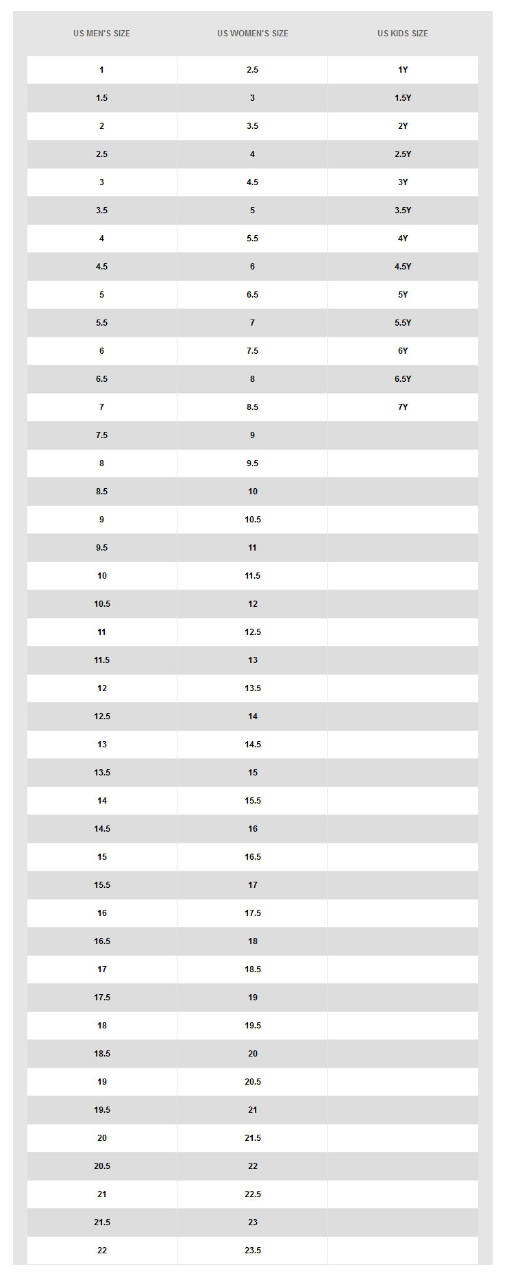 nike size table