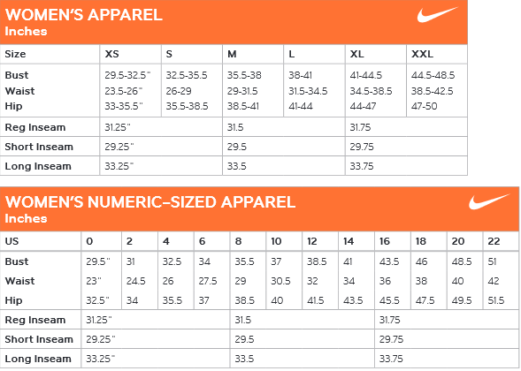 nike women's jacket size chart