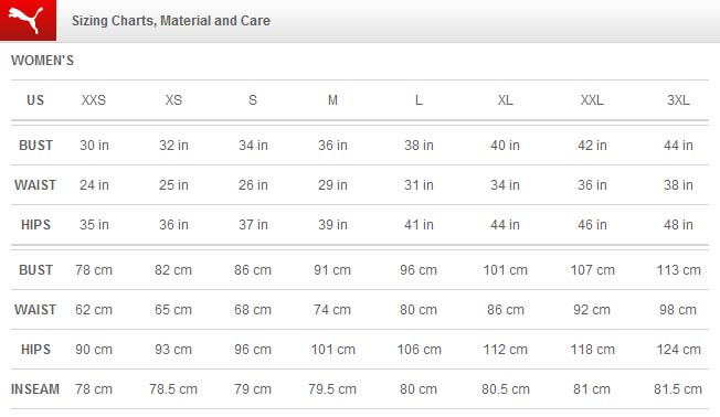 puma clothing size guide