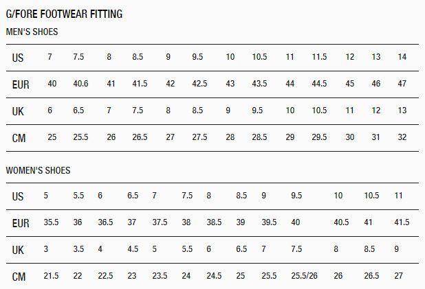 G/FORE Shoes Size Chart