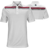 FootJoy ProDry Performance Lisle Engineered Chestband Golf Shirts - Athletic Fit - FJ Tour Logo Available - Previous Season Style in White with red and dark navy chest stripes