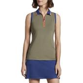 Peter Millar Women's Performance Chrissie Zip Sleeveless Golf Shirts in Military green with sport navy and orange accents