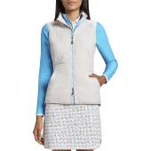 Peter Millar Women's Lizzie Hybrid Quilted Full-Zip Golf Vests in Haze tan with light blue accents
