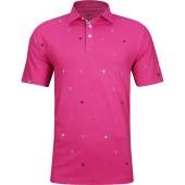 Nike Dri-FIT Player Shield Print Golf Shirts in Active pink with repeating shield print