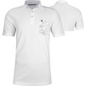 TravisMathew Its A Rental Golf Shirts in White with floral print chest pocket