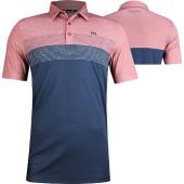 TravisMathew Lake Life Golf Shirts in Heather ruby wine with navy color block
