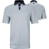 FootJoy ProDry Lisle Circle Print Golf Shirts - FJ Tour Logo Available - Previous Season Style in White with navy and light blue circle print