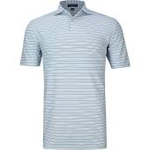 Peter Millar Crown Crafted Casely Performance Jersey Golf Shirts - Tour Fit in Blue frost with tan and white stripes