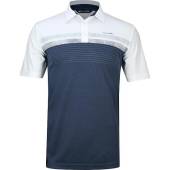 TravisMathew Margarita Mayhem Golf Shirts in White with navy colorblock and light grey chest stripes