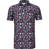 G/Fore Palm Fronds Tech Pique Golf Shirts - ON SALE in Twilight navy with red and light blue palm fronds print