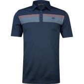 TravisMathew Extra Aloe Golf Shirts in Dress blues with multi-color chest stripes