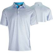 Puma MATTR Palm Deco Golf Shirts in Aqua blue with garnet rose palm deco print
