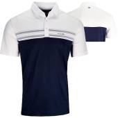 TravisMathew Pali Golf Shirts in White with navy color block and textured chest stripes