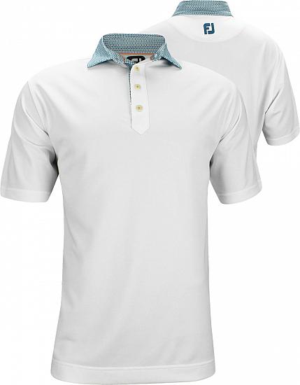 FootJoy Stretch Pique Solid Golf Shirts with Printed Self Collar - White - FJ Tour Logo Available