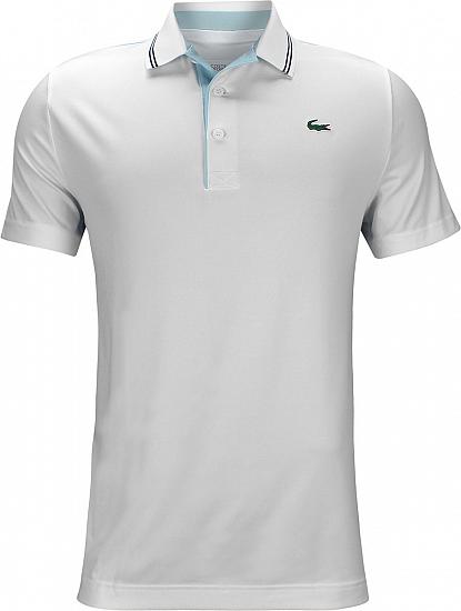 Lacoste Solid Jersey Contrast Piping Golf Shirts - White/Blue - HOLIDAY SPECIAL